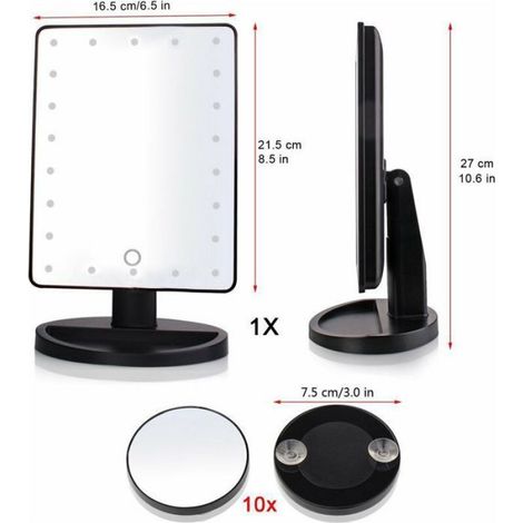 Miroir Grossissant - 2x 3x 10x - LED 16 Lumières Jour - Rotatif 360° - USB Rechargeable - Noir - 1 Pièce (1/5)