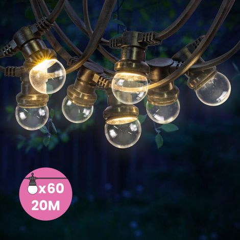Guirlande Guinguette 20M Transparente IP65 - Guirlande Lumineuse Extérieur 60 Bulbes Dimmables - Guirlande Exterieure Etanche pour Décoration de Jardin. Maison et Façade