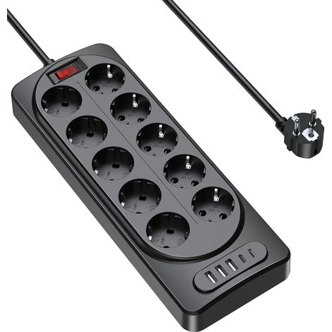 Multiprise 10 Prises avec 5 USB avec Interrupteur 5M Câble 15 en 1 Power Strip Surtension Parafoudre,2 USB-C, 3 USB-A,Multiprise Noire pour Maison Bureau (1/5)
