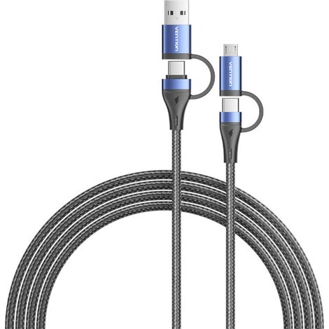4 in 1 Ladekabel USB 2.0 Kabel mit 3 Anschlüssen (2x USB-C, micro-USB, USB-A) in Schwarz 1m (1/4)