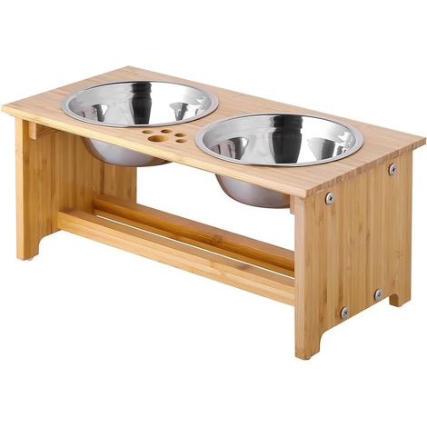 Gamelles surélevées - pour Chiens et Chats - Supports surélevés en Bambou avec 2 gamelles d'eau et de Nourriture en Acier Inoxydable - avec Pieds antidérapants (1/5)