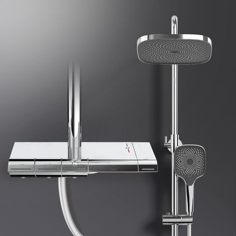 EMKE Duschsystem mit Thermostat Duschset Duschsäuleset mit Brausestange, Handbrause mit 3 Strahlstärken, Regendusche, Chrom (1/5)