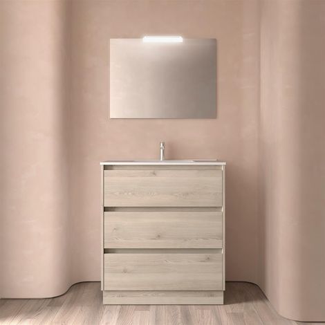 Set complet Noja 800 3 tiroirs NATURAL + meuble-lavabo + miroir + lampe (1/4)