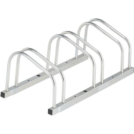 Relaxdays Floor Bike Rack, for 3 Bicycles, Wheel Width up to 50 mm, Metal, Outdoor Parking Stand, Garage, Steel, Silver (1/5)