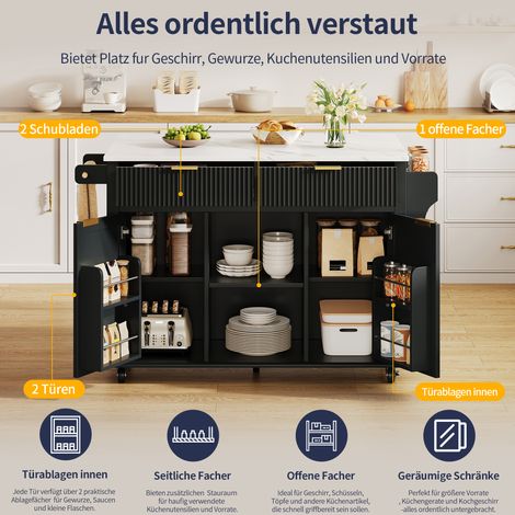 Îlot de cuisine sur roulettes 120 x 45 cm avec plan de travail rabattable, desserte de cuisine avec 2 tiroirs, 2 portes, étagères à épices et porte-serviettes, meuble de cuisine roulant avec espace de (1/4)
