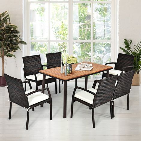 Table de jardin en bois d acacia 140 cm avec trou pour parasol et pieds en acier antirouille, pour terrasse (1/5)
