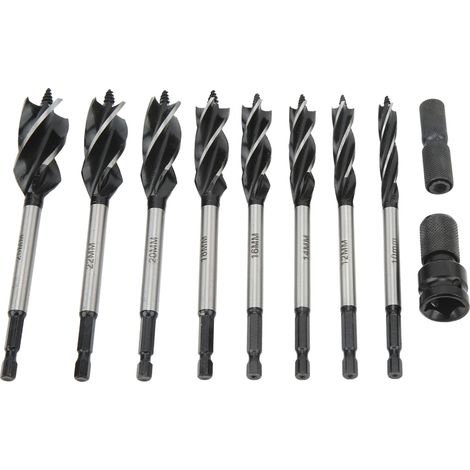 Jeu de mèches à bois à 4 rainures et 4 cannelures, évacuation rapide des copeaux, coupe efficace, mèche à aléser pour bois de 10 à 25 mm avec adaptateur (1/5)