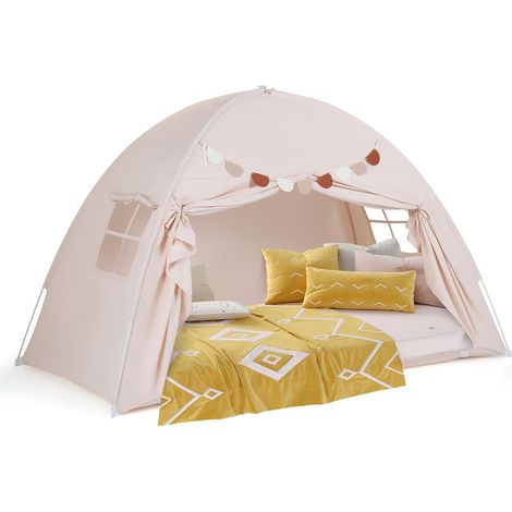 COSTWAY Tenda per Letto Matrimoniale a Castello per Bambini, Tenda Pieghevole e Portatile con 2 Finestre e Bandiere, Tenda da Gioco per Bambini 3 Anni+ (Beige) (1/5)