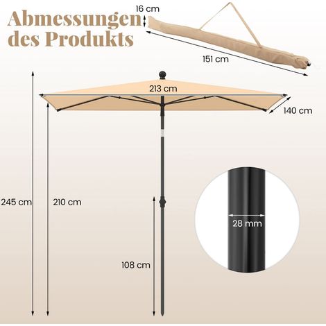 Rechteckiger Balkonschirm 210 x 140 cm, Beige, verstellbar