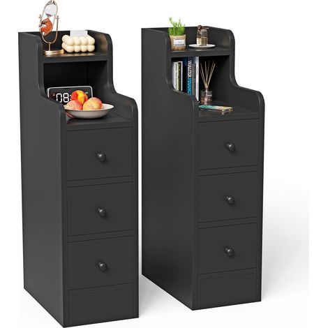 Tables de Chevet, Lot de 2, avec Tiroir et Compartiment Ouvert, Pieds en Bois, Noir, 70x35x20cm (1/5)