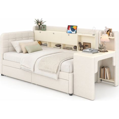 CHICFURN lit de jour 90 x 200 cm beige avec rangements, bureau amovible, USB et Type C (1/5)