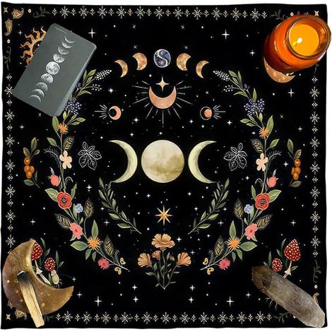 Nappe de table à motifs divinatoires (cartes de divination, phases de la lune, fleurs, tarot, astrologie, sorcellerie), 60 x 60 cm (1/5)