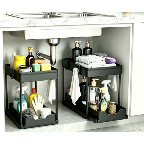 Organisateur Sous Évier Coulissant - Étagère de Rangement Cuisine et Salle de Bain avec Porte-Couverts et 4 Crochets - Noir (1/5)