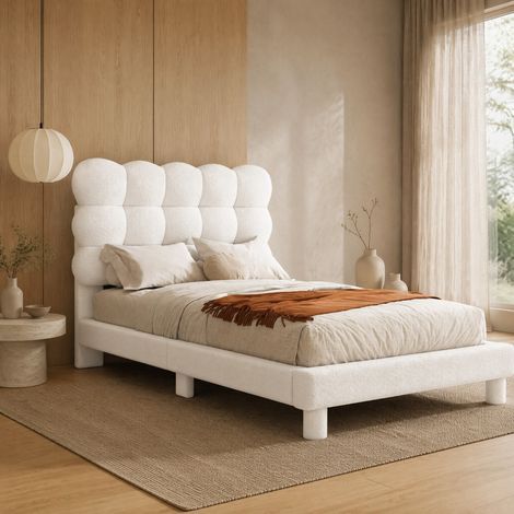 Cama tapizada 90x200 cm blanca de felpa con cabecero ajustable (1/5)