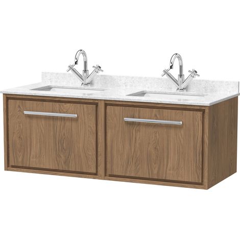 Longnor 2 Drawer Wall Hung Vanity Unit with Square Basin and Marble Worktop, Antique Oak, 1200mm