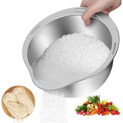Bol À Laver Le Riz Avec Passoire, Égouttoir Rinçage Légumes Avec Filtre, Passoire À Riz En Acier Inoxydable, Les Légumes Et Les Haricots, Outil de Cuisine Polyvalent (Argent) (1/5)