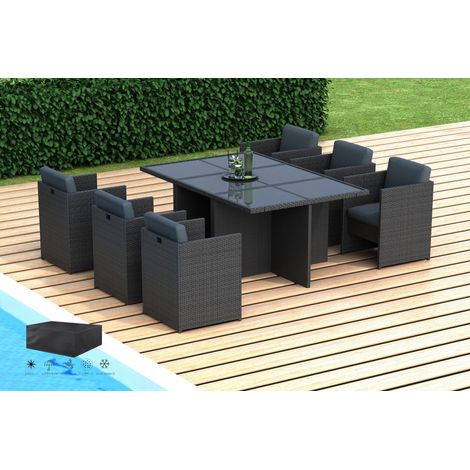 AZUR - Salon de jardin encastrable 6 places - en résine tressée - Noir avec coussins gris - HOUSSE INCLUSE  QUALITE PREMIUM GARANTIE