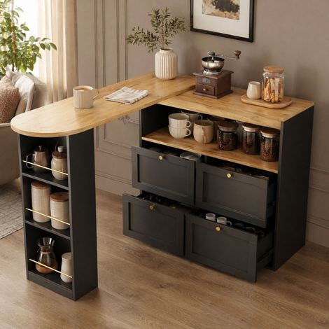 MEUBLIV Bar table d’angle 138x39x102 cm noire – pivotante 360°, rangement modulable