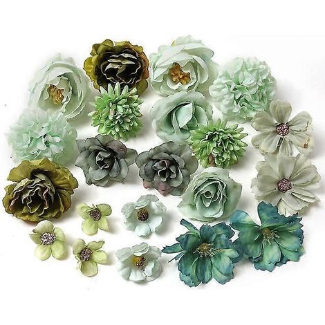 Lot de 20/14 fleurs artificielles mélangées, roses en soie, fausses fleurs pour la décoration intérieure, les mariages, les guirlandes artisanales et les cadeaux.vert (1/5)