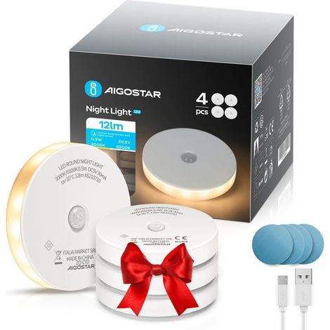 Paquet de 4 lampes de nuit LED avec capteur de mouvement, lampes à 2 températures de couleur, éclairage de meuble autocollant, rechargeable USB – équipées de bandes magnétiques, idéales pour chambre d (1/5)