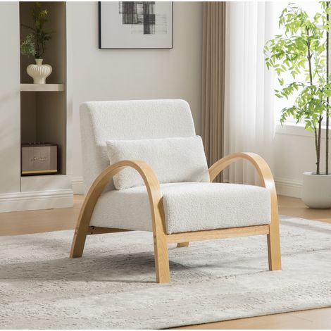Poltrona da soggiorno scandinava in ciniglia, con gambe in legno, design moderno, avorio