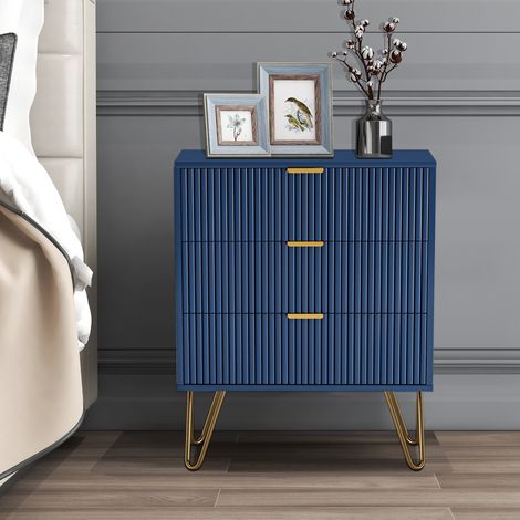 Nachttisch mit 3 Schubladen, goldenen Metallfüßen, modernes minimalistisches Design - Dunkelblau
