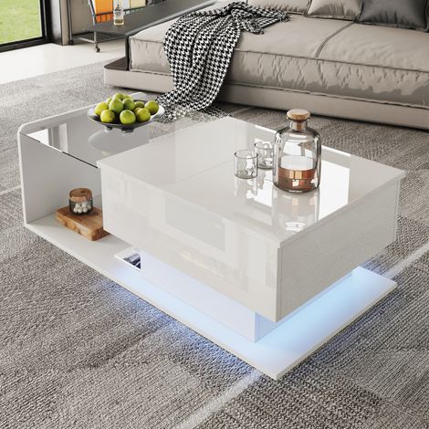 Tavolo soggiorno 100x50 salvaspazio LED vetro bianco OKMYHOME (1/5)