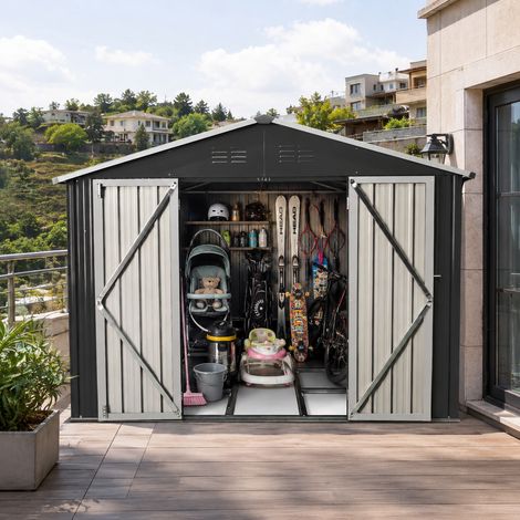 Abri de jardin en métal 258,8 x 313,4 x 191,5 cm (7,46 m²) avec toit pointu, abri extérieur avec cadre de sol intégré, noir (1/5)