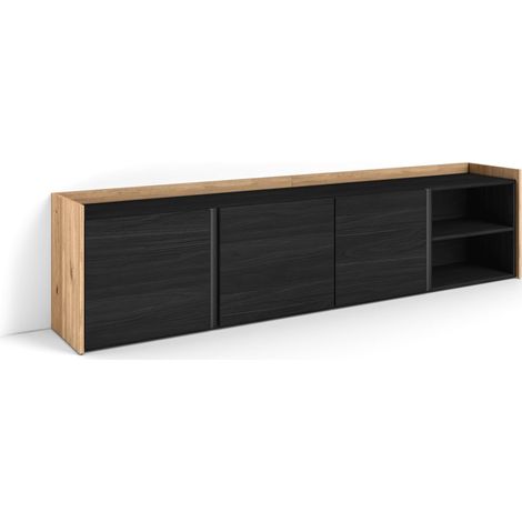 Skraut Home - Meuble TV, Banc Télé, Grand espace de Rangement, 207x35x50 cm, Pour les TV jusqu'à 80", Meubles de salon, Style moderne, Noir et chêne (1/5)
