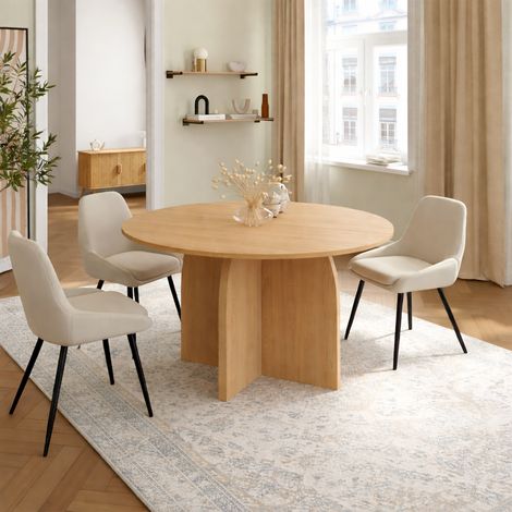 Mesa de comedor redonda japandi fija EDITH 6 personas madera efecto haya 110 cm