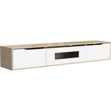 Meuble TV mural blanc et bois avec LED multicolore 180x35x30 cm (1/5)