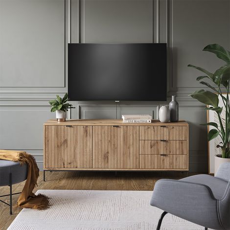 Mueble bajo para TV Eliza, Roble vikingo, 150.1 x 60 cm con 3 cajones, 2 puertas, Vicco