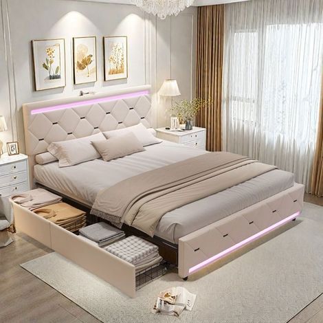 Doppelbett 160x200 cm - Mit LED - 4 Schubladen - Samtstoff - Beige