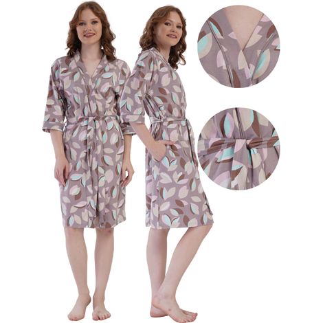 Bata de algodón para mujer con bolsillos, marca Vienetta, talla XL, mangas tres cuartos. (1/5)