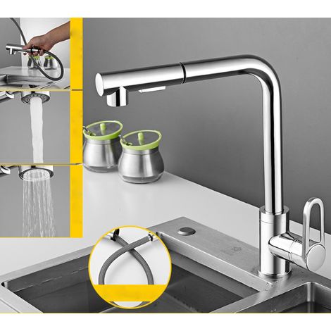 MINKUROW Grifo De Cocina Rociador Con 2 Modos De Rociado, Grifo Mezclador De Cocina Con Rociador Extraíble 360° Giratorio Disponible En Frío Y Caliente, Cuerpo De Cobre Completo, Plateado (1/4)