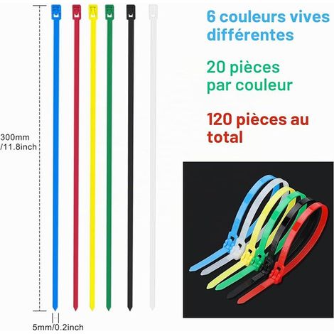 Collier de Serrage Plastique, Serre Câbles Nylon 300 x 5 mm, Multicolore, Résistant aux UV, Attache Câble Colorées pour la Gestion des Câbles, L'atelier, le Jardin (1/4)