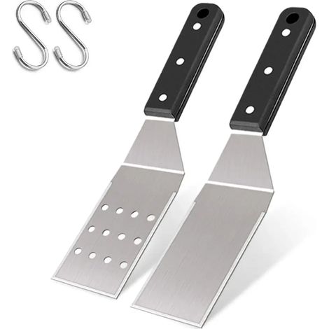 Ensemble de spatules métalliques à fond plat pour grillades (ensemble de 2 pièces) : Spatule à crêpes/hamburgers en acier inoxydable, adaptée au teppanyaki japonais. (1/5)