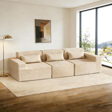 258cm Canapé Modulable Canapé D'angle Compressé Convertible Canapé-Lit Sans Ossature Velours Cotelé Mousse à Mémoire de Forme Accoudoirs Larges aux Salons Appartements Chambre Coucher Beige 3 Places