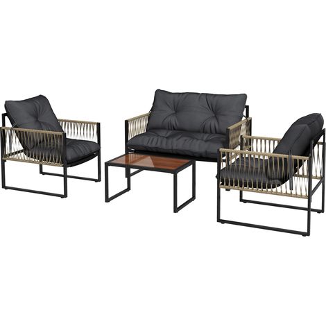 Set Salotto da Giardino Divano 2 Poltrone e Tavolino in Acciaio Poliestere e Rattan Grigio e Marrone (1/5)
