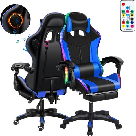 FIANAO – Fauteuil gaming inclinable similicuir – hauteur réglable, repose-pieds escamotable, enceintes BT, LED, massage – 60 × 60 × 131 cm, noir/bleu (1/5)