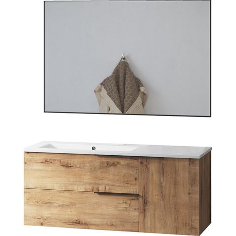 Kibath Mueble de baño con Lavabo, Espejo y Aplique LED TRIBU 100x45 cm acabado ROBLE OSTIPPO mate 2 cajones suspendido (1/5)