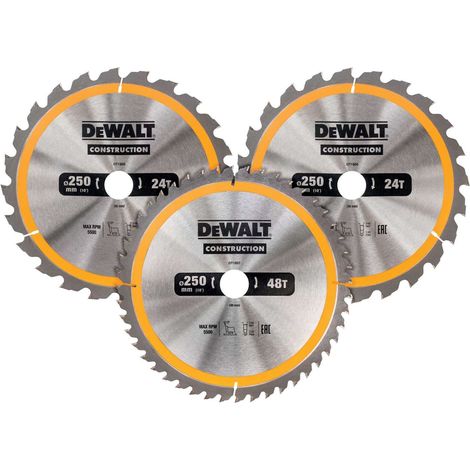 Dewalt – Lame de scie circulaire 250mm DT1963QZ – Carbure Construction – Pour bois avec clous – Coffret de 3 lames