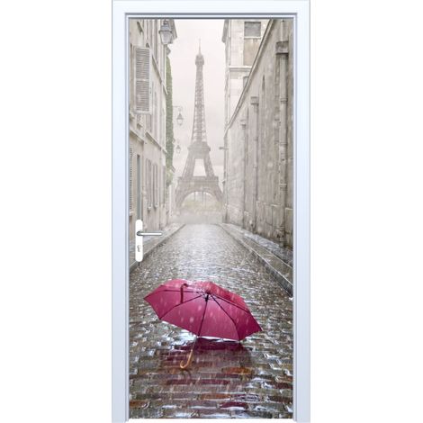 Adesivo per porta in tessuto con un ombrello rosa e la Torre Eiffel sullo sfondo 481PD