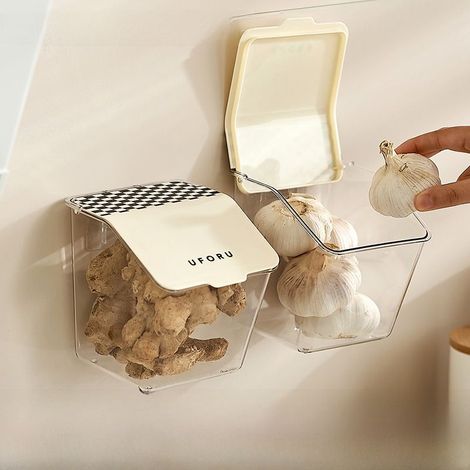 Panier de rangement oignons, gingembre, ail, suspendu cuisine, matériau non perforé, couvercle imperméable transparent (grand)