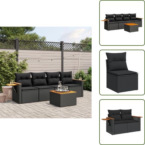 Salon de jardin 5 pcs avec coussins noir résine tressée - Ensemble Salon De Jardin - Meuble Extérieur - Résine Tressée - Rotin Synthétique - Acacia (1/5)