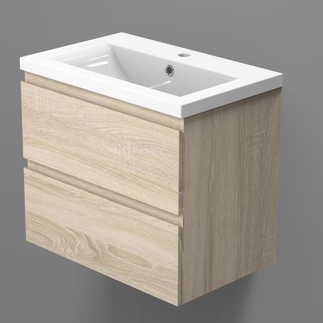 Meuble de salle de bain Armoire de rangement Meuble lavabo Meuble de salle de bain avec vasque intégrée poignées incorporées Bois clair 50x38.5x45cm (1/5)