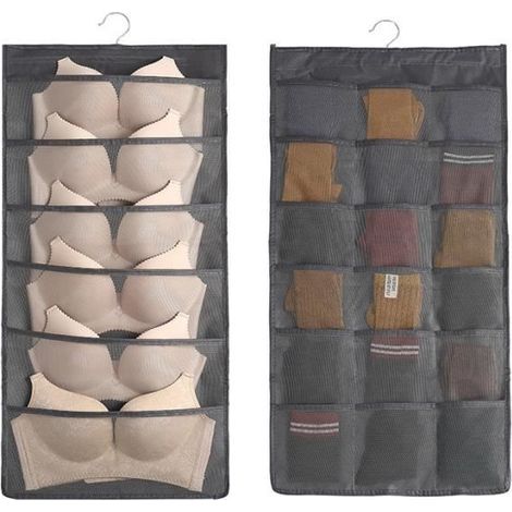 Rangement à Suspendre,24 poches suspendues sacs de rangement pour soutiens-gorge, sous-vêtements, culottes et chaussettes(grise) (1/3)