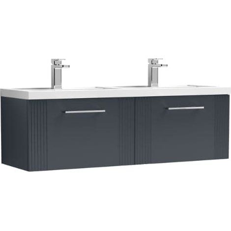 Nuie Deco Satin Soft Black 1200mm Wall Hung 2 Drawer Vanity Unit and Double Polymarble Basins - DPF1494C (1/5)