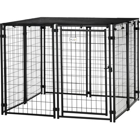 Faltbares Hundegehege mit Abdeckung, 8 Paneele mit abschließbarer Tür, 141 x 141 x 113 cm, Schwarz