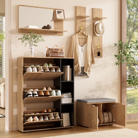 Mueble de recibidor con espejo y banco zapatero - 150x35x161,5 cm perchero de entrada completo con colgadores y estantes - madera manufacturada - aspecto madera y negro (1/5)